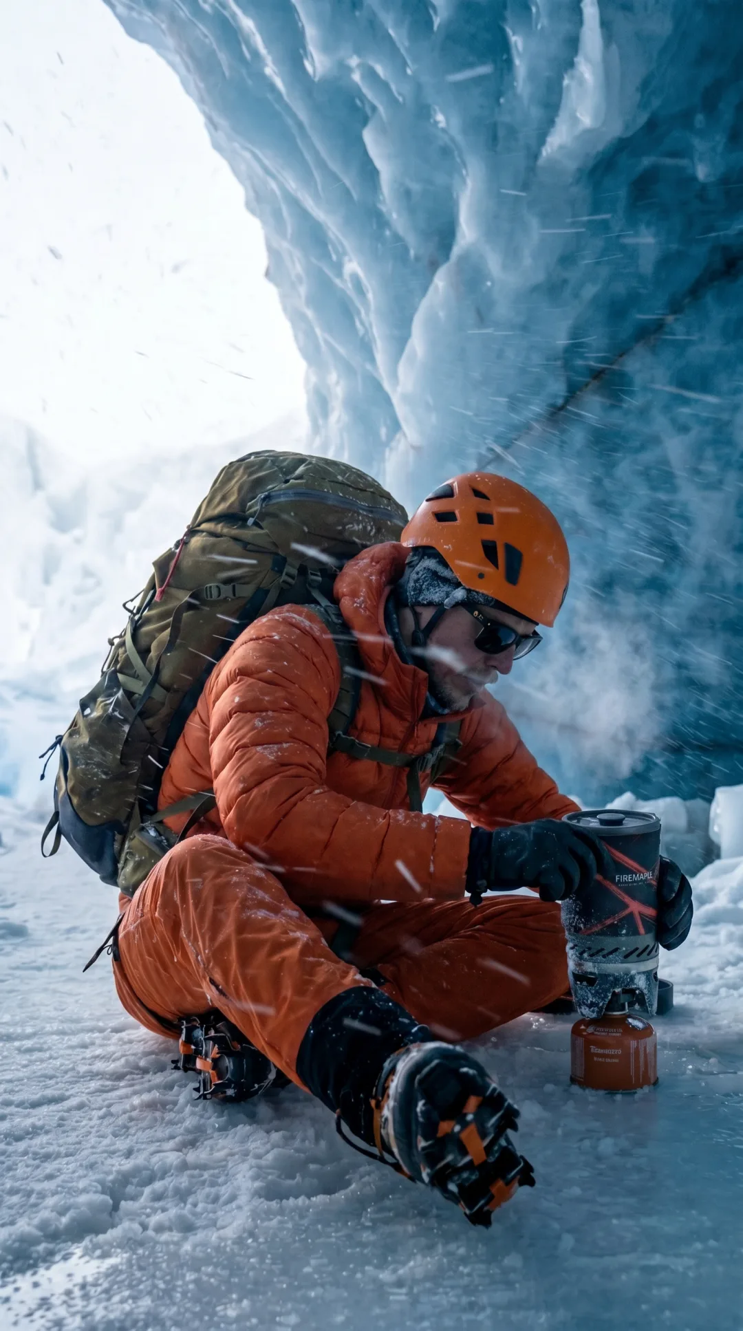 Alpinist in orange winter clothing using a stove inside an ice cave