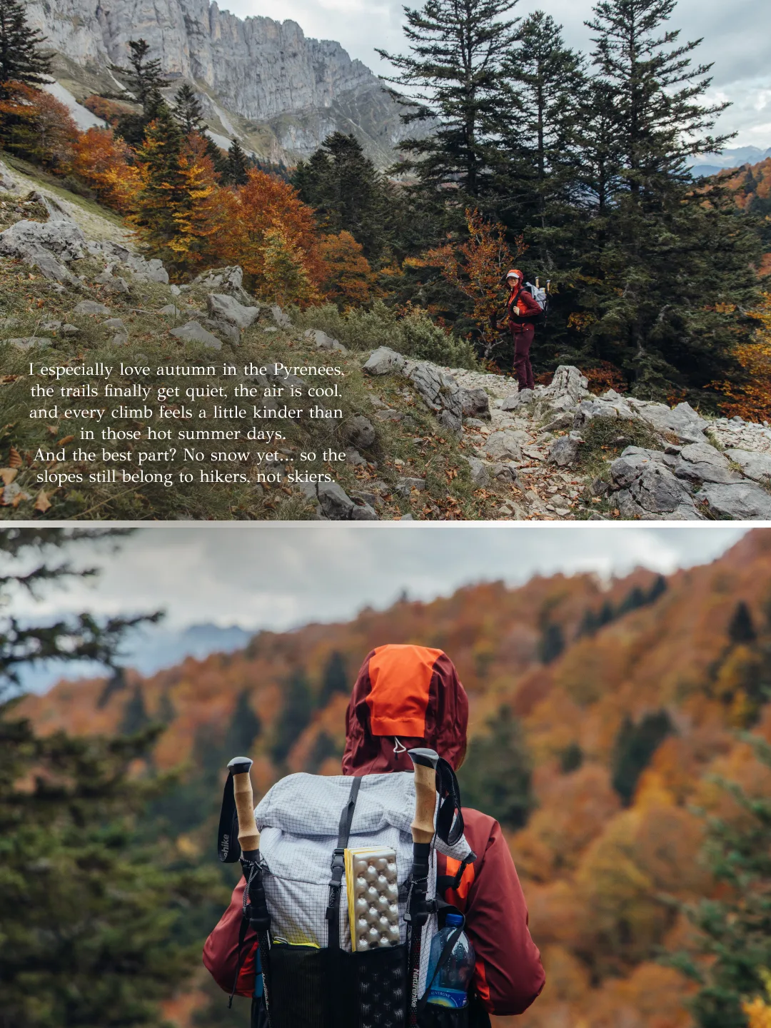 Senderista de rojo caminando por un paisaje de montaña en otoño