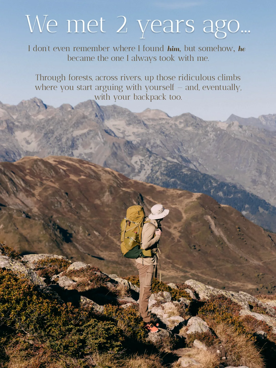 Hiker kneeling beside an olive Deuter backpack by a mountain stream