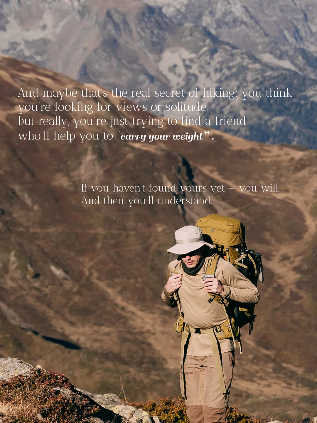 Hiker climbing through rocky terrain with a loaded Deuter backpack