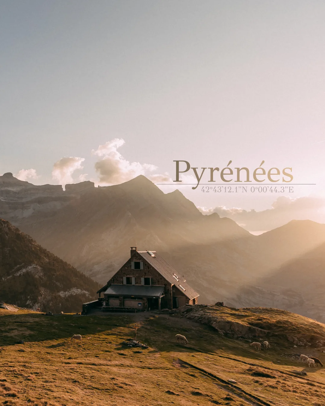 Mountain refuge glowing in late-afternoon light in the Pyrenees